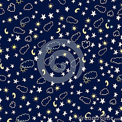 Simple kids seamless background of sky with hand drawn stars, moon,sun,clouds for wrapping Stock Photo