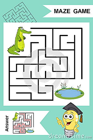 Simple Labyrinth with fun Alligator isolated on colorful background. Find right way to the Lake. Entry and exit. With Answer. Vector Illustration