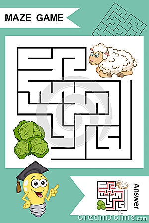 Simple Labyrinth with funny Sheep isolated on colorful background. Find right way to the Cabagge. Entry and exit. With Answer. Vector Illustration