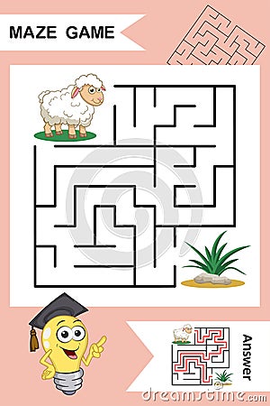 Simple Labyrinth with funny Sheep isolated on colorful background. Find right way to the Grass. Entry and exit. With Answer. Vector Illustration