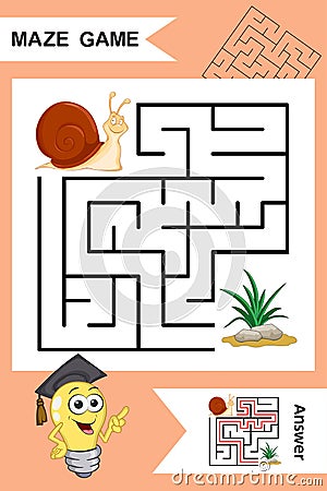 Simple Labyrinth with funny Snail isolated on colorful background. Find right way to the Grass. Entry and exit. With Answer. Vector Illustration