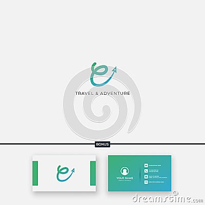 Simple lettering e and fast plane logo for traveling Vector Illustration