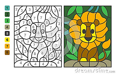 Simple level vector coloring zoo animal lion, color by numbers. Puzzle game for children education Vector Illustration