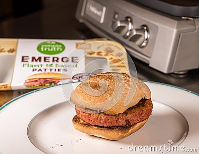 Simple Life Emerge plant based burger in on gluten free bun with melted cheese Editorial Stock Photo