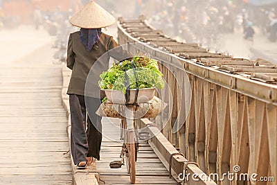 Simple life. Rear view of Vietnamese women with bicycle across the wooden bridge. Vietnamese women with Vietnam hat, vegetable on Stock Photo