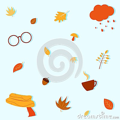 Simple light blue autumn background with fall elements. Repeated pattern. Cartoon flat autumn leaves, glasses, scarf Vector Illustration