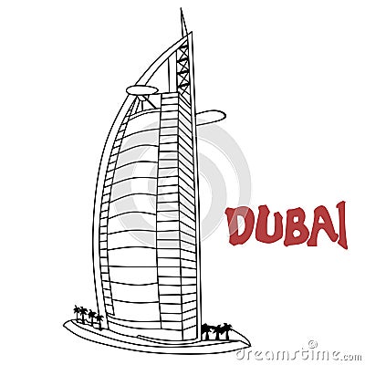 simple line art, illustrations and vectors of the iconic BURJ AL ARAB luxury building located in Dubai. Vector Illustration