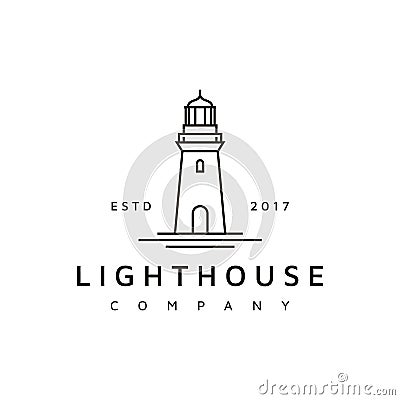 Simple Line Art Lighthouse Searchlight Beacon Tower Island Beach Coast logo design Vector Illustration