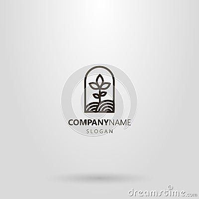 Simple line art logo of a plant growing on a plot of land in an arched frame Vector Illustration