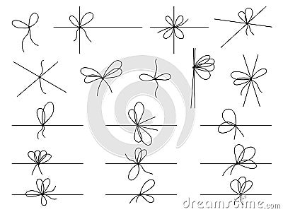 Simple line bows on ribbon. Bow on string set, lines and corners decoration design. Bowknot for package or letter Vector Illustration