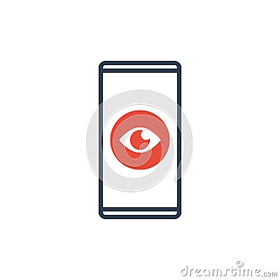 Simple Line of Cell Phone Vector Icon - Smart monitoring program. Phone monitoring. red eye Vector Illustration