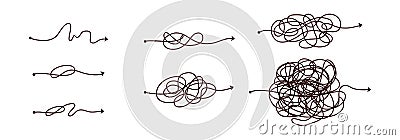 Simple line and complex easy way. Scribble doodle chaos mindset. Problem solving, difficult line. Vector hand drawn Vector Illustration