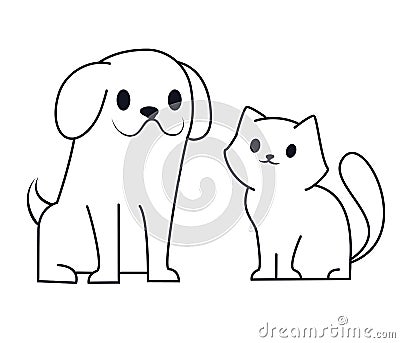 Simple line icon design of puppy and kitten. Cute little cartoon dog and cat vector illustration. Vet or pet shop logo. Vector Illustration