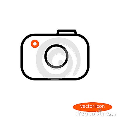 Simple line image of the camera with an orange eye, linear icon, flat style Stock Photo