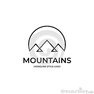 Simple line mountain mountains logo. Monoline triangle logo inside circle Vector Illustration