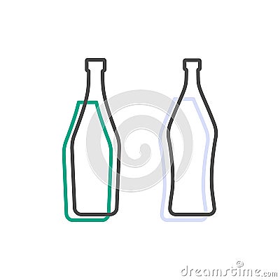 Simple line shape of martini and vermouth bottle. One contour figure of a bottle, the second drink. Outline symbol beverage black Vector Illustration