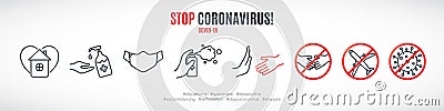 Simple line signs to prevent the spread of Coronavirus. Vector Illustration