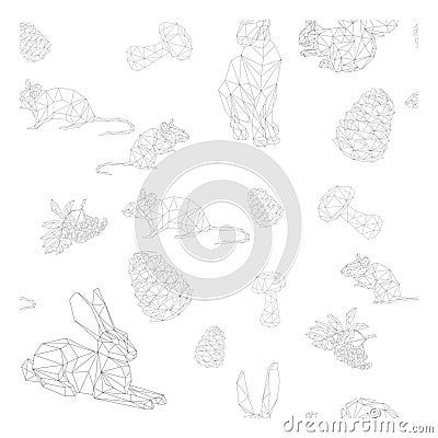 Simple line vector polygone art of pattern with rabbit mushroom cone and Rowan berries Vector Illustration