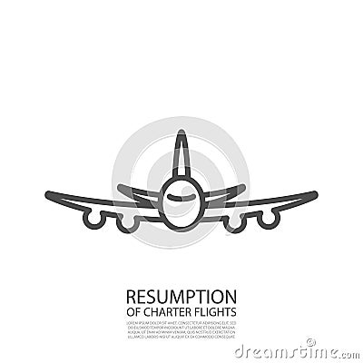 Simple linear icon of a plane with a grey outline. Front view. Vector Illustration