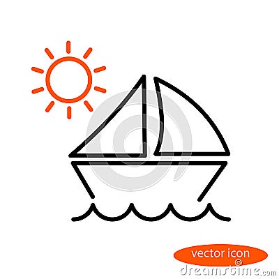 A simple linear illustration of a landscape with a sailing vessel floating on the waves and orange sun, a flat line icon Cartoon Illustration