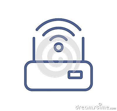 Simple lineart icon of router with good solid wifi signal. Wireless internet connection sign. Modem and wi-fi pictogram Vector Illustration