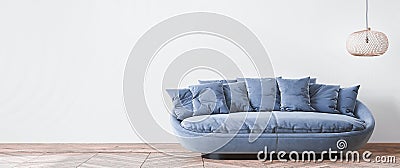 Simple living room design, stylish blue sofa and rattan ceiling lamp in white modern background Stock Photo