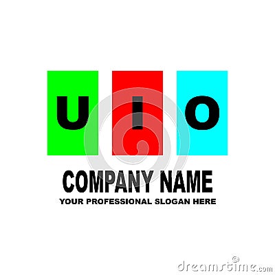 Simple logo. The three letters UIO are located on three separate squares of different colors. Vector Cartoon Illustration