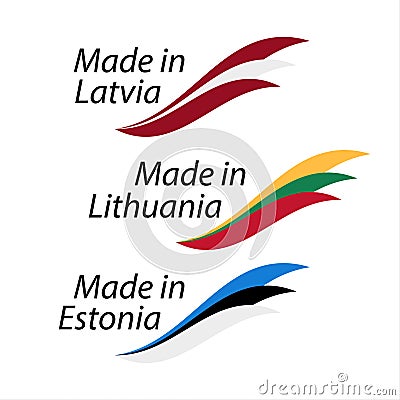 Simple logos Made in Latvia, Made in Lithuania and Made in Estonia, vector logos with Latvian, Lithuanian and Estonian flags Vector Illustration