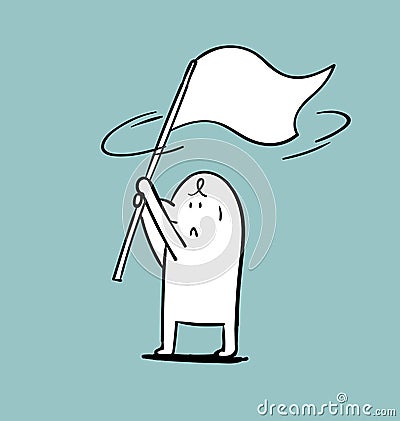 Simple man flap the white flag. Cartoon Illustration