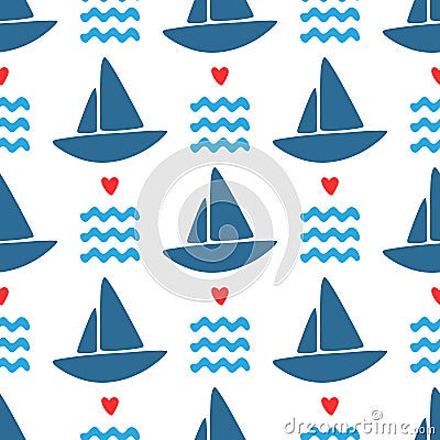 Simple marine seamless pattern. Repeated silhouettes of sailboats, waves and hearts. Vector Illustration