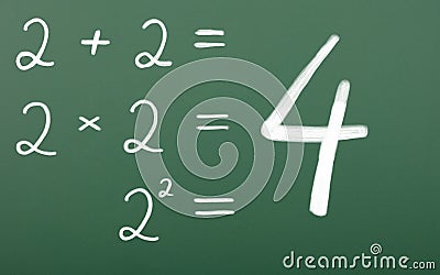 Simple mathematical equation. Two plus two, two times two, two squared equals four Stock Photo