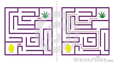 Simple maze abstract game with answer. Help chicken find grass Vector Illustration