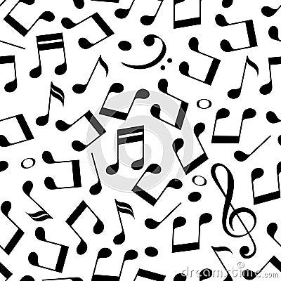 Simple messy black and white music notes with treble and bass clefs, seamless pattern, vector Vector Illustration