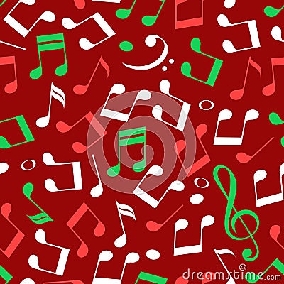 Simple messy red green and white music notes with treble and bass clefs, christmas colors, seamless pattern, vector Vector Illustration