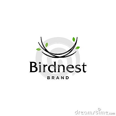 Simple and minimal bird nest icon logo line illustration with leaf symbol Vector Illustration