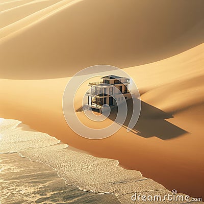 Simple, minimal villa sitting on golden sand, in front of sea Stock Photo