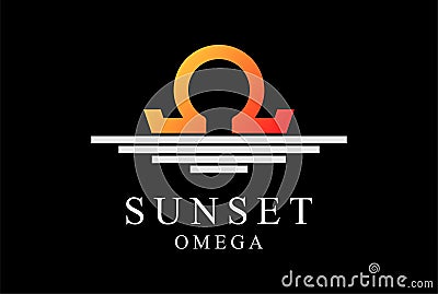 Simple Minimalist Geometric Sunset Sunrise Omega Symbol Logo Design Vector Illustration