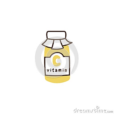 A simple minimalist icon of a glass jar with vitamin C. A small bottle of pills. Pharmacy medicine. Support of immunity Vector Illustration