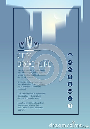 Simple minimalistic city skyline traveling tourist guide book. Brochure, flyer, cover, poster or guidebook template. Vector modern Vector Illustration