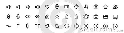 Simple minimalistic ui icons. Sound, arrows, user etc. Website navigation line symbols. Pixel perfect, editable stroke Vector Illustration