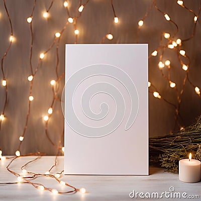 Simple mockup, invitation, white mockup, White vibrant background, with brown string, bokeh lights Stock Photo