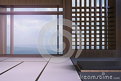 Simple Modern Japanese living room and window views of the mountains and the sky Stock Photo