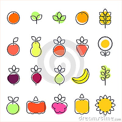 Simple, modern style icons of vegetables, fruits, cereals. cartoon flat design Vector Illustration