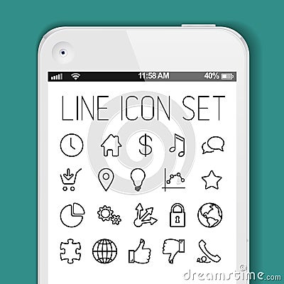 Simple Modern thin icon collection for smart phone applications Vector Illustration