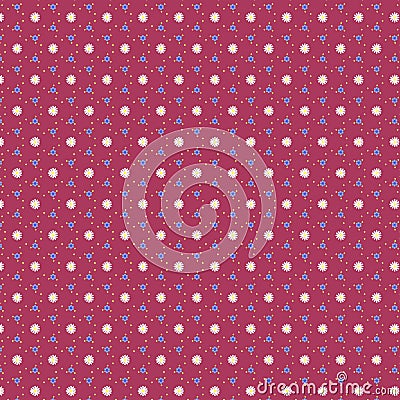 Simple modest multicolor summer floral fabric pattern White daisies and small blue field flowers on a dark purple burgundy Stock Photo