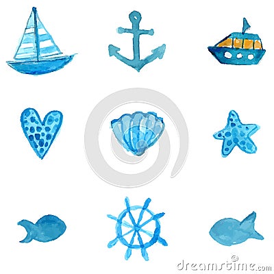 Simple nautical watercolor icons: anchor, ship, star fish and shell. Vector illustrations isolated on white background. Vector Illustration