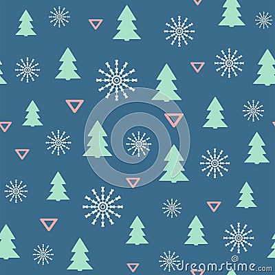 Simple new year seamless pattern with Christmas trees, snowflakes and triangles. Vector illustration. Vector Illustration