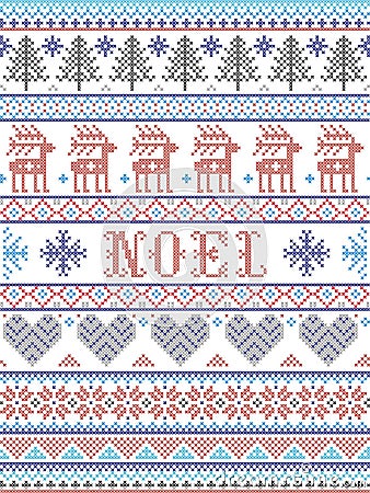 Simple Noel Christmas pattern with Scandinavian, Nordic festive winter pasterns in cross stitch with heart, snowflake, snow Vector Illustration