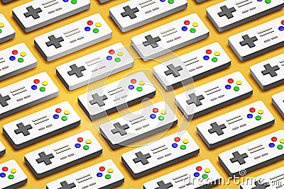 Simple organised retro console game controllers gamepads repetitive array pattern, group abstract background, isometric top view Cartoon Illustration