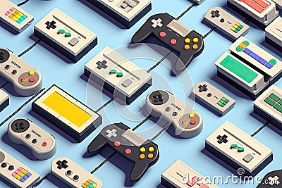 simple organised retro console game controllers gamepads repetitive array pattern group abstract background isometric top view Stock Photo